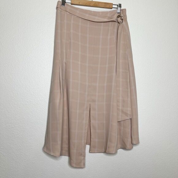 Farrow Midi Skirt Medium Neutral Plaid Window Pane Tie-Up Modest Slit Career - Picture 1 of 10